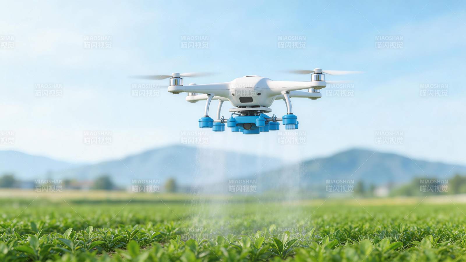 白色植保无人机在农田上空喷洒作业图片