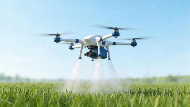 农业无人机在绿色麦田上空喷洒作业图片