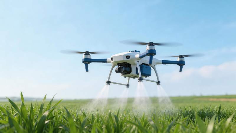 农业无人机在绿色农田上空喷洒作业图片