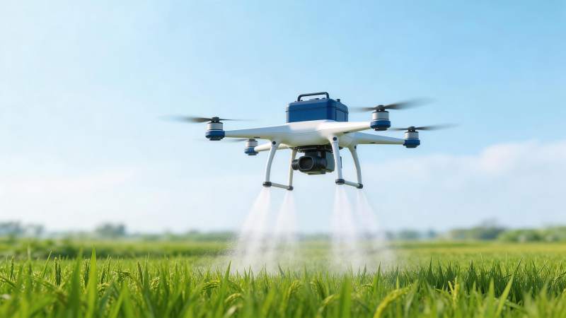 农业无人机在稻田上空喷洒作业图片