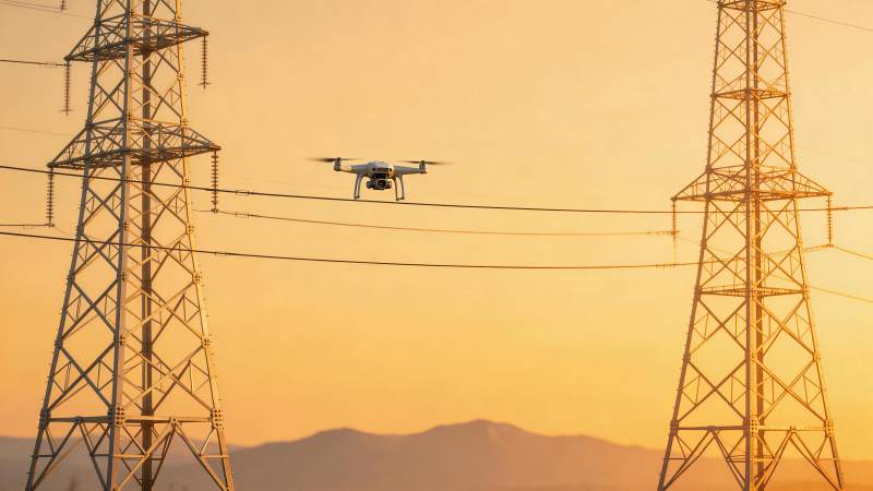 无人机在输电铁塔间飞行巡检电力线路图片