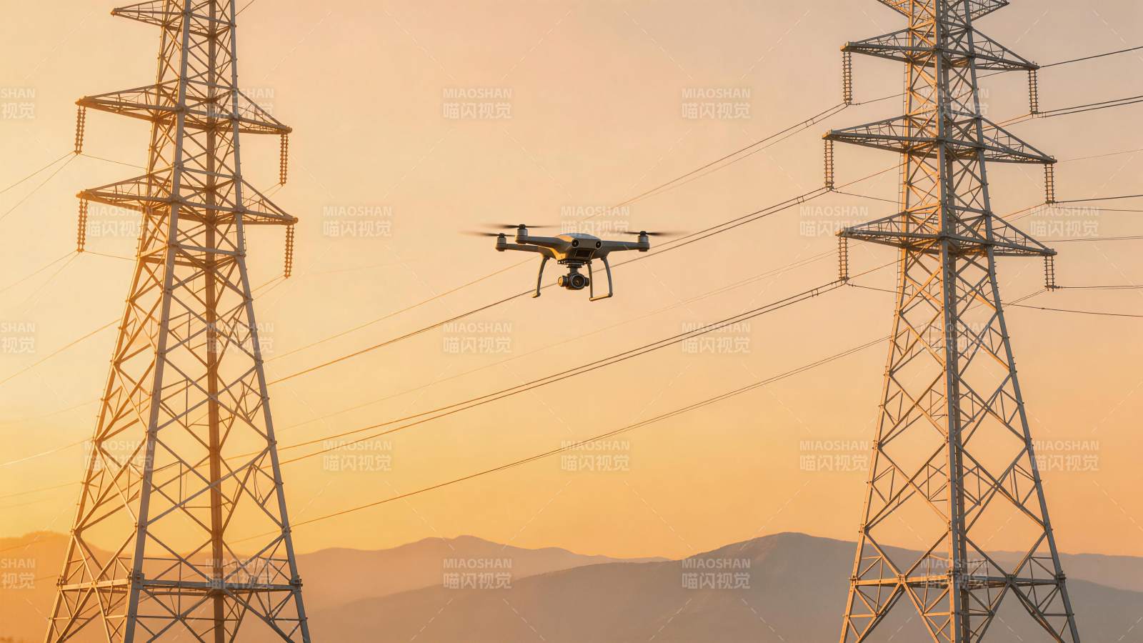 无人机在高压电塔间飞行巡检输电线路图片