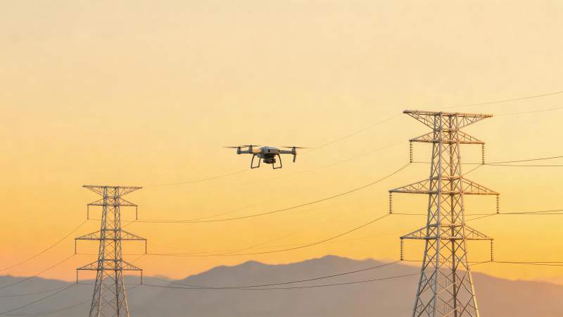 无人机在输电塔间巡检作业的黄昏场景图片