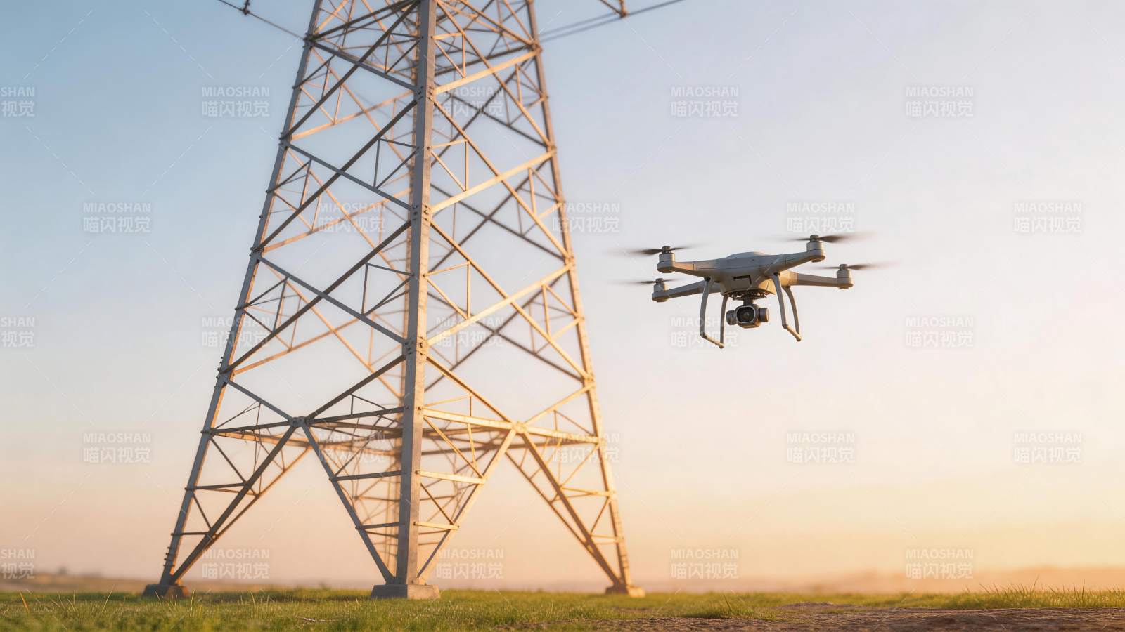 无人机在输电铁塔旁低空飞行巡检作业图片