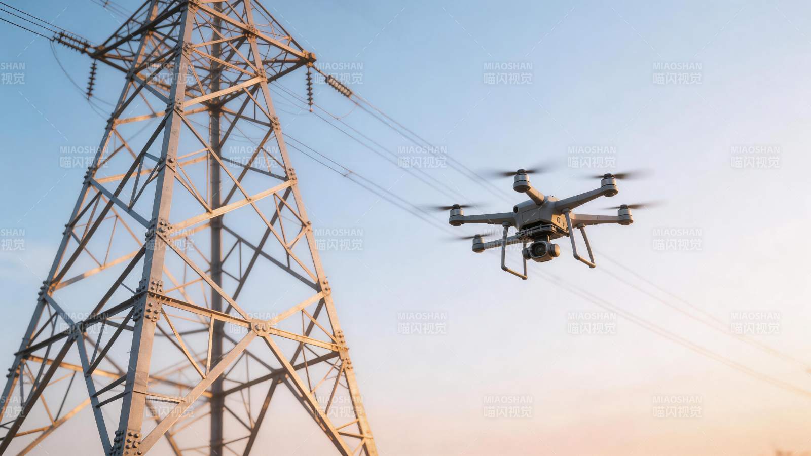 无人机在输电铁塔旁进行巡检作业图片