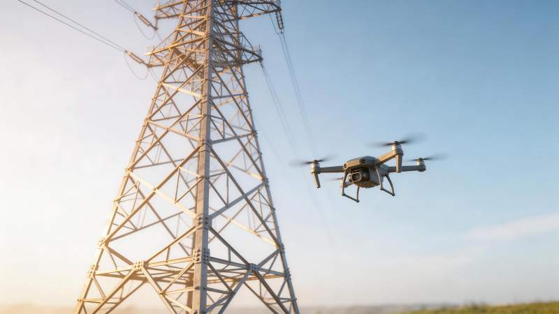 无人机在输电铁塔旁进行巡检作业图片