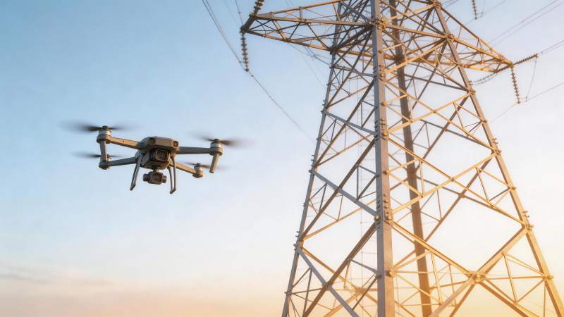 无人机在输电铁塔旁飞行巡检作业图片