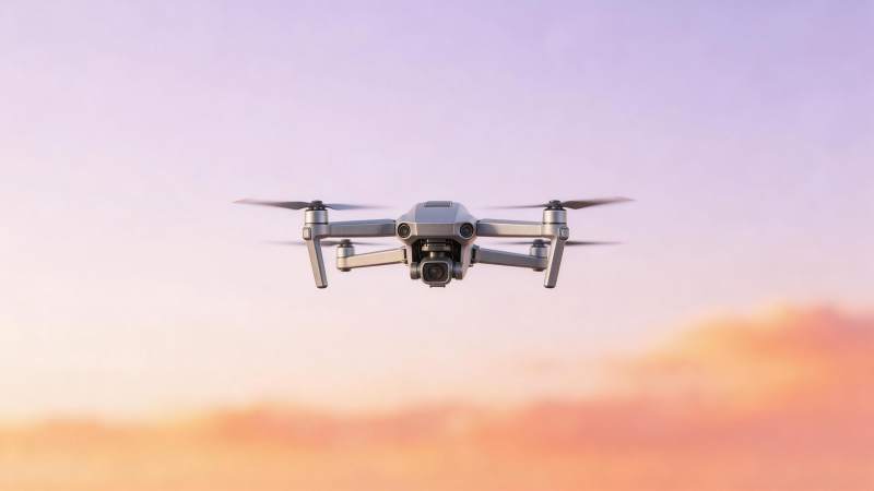 四轴无人机在黄昏天空中悬停飞行图片