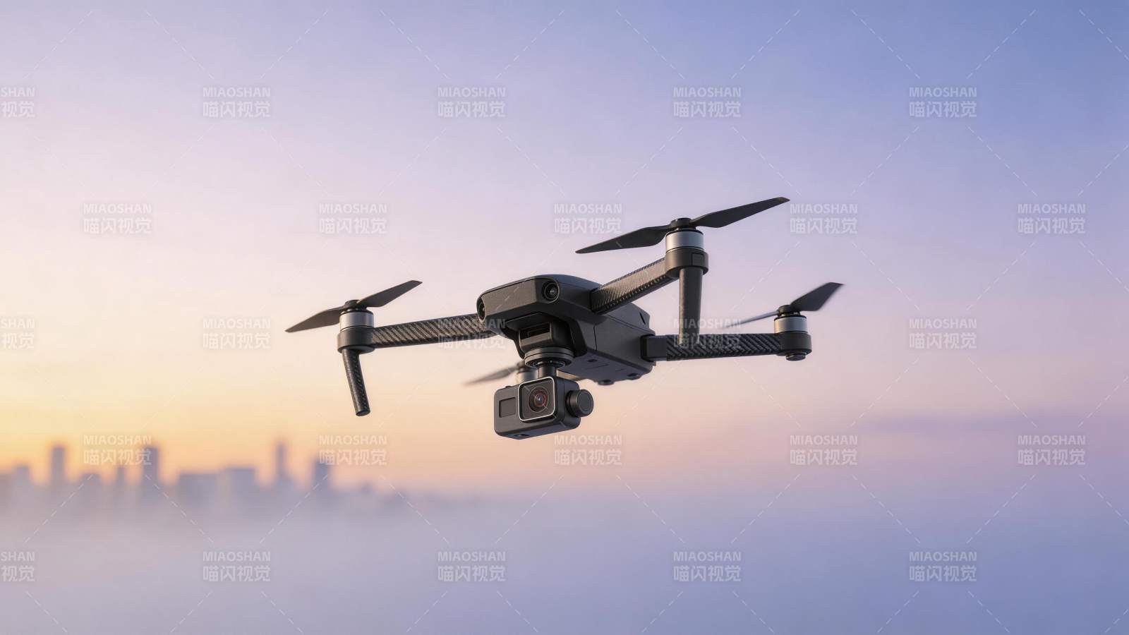 四轴无人机携带相机飞行于城市上空图片