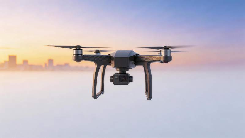 黑色四轴无人机悬停于城市雾霭上空图片