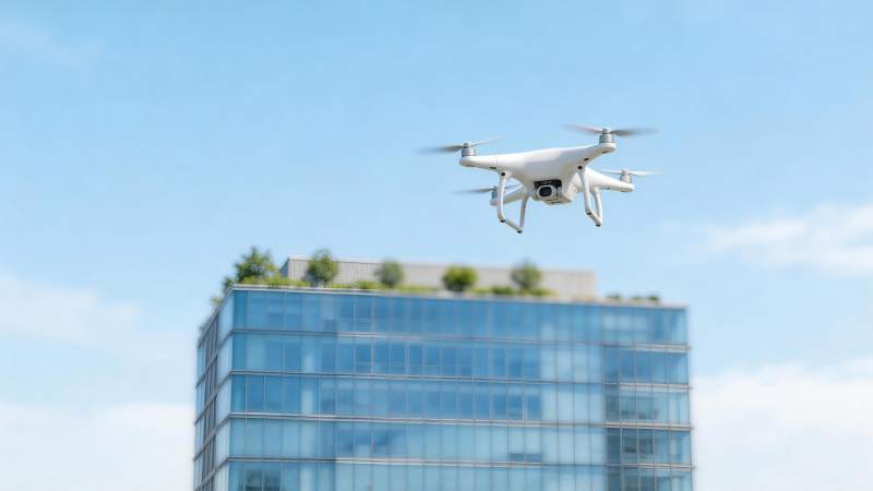 白色无人机在玻璃幕墙建筑上方飞行图片