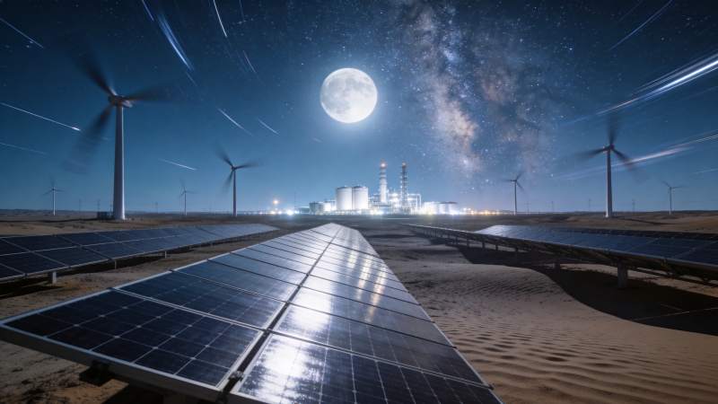 沙漠中太阳能板风力发电机与星空工厂夜景图片