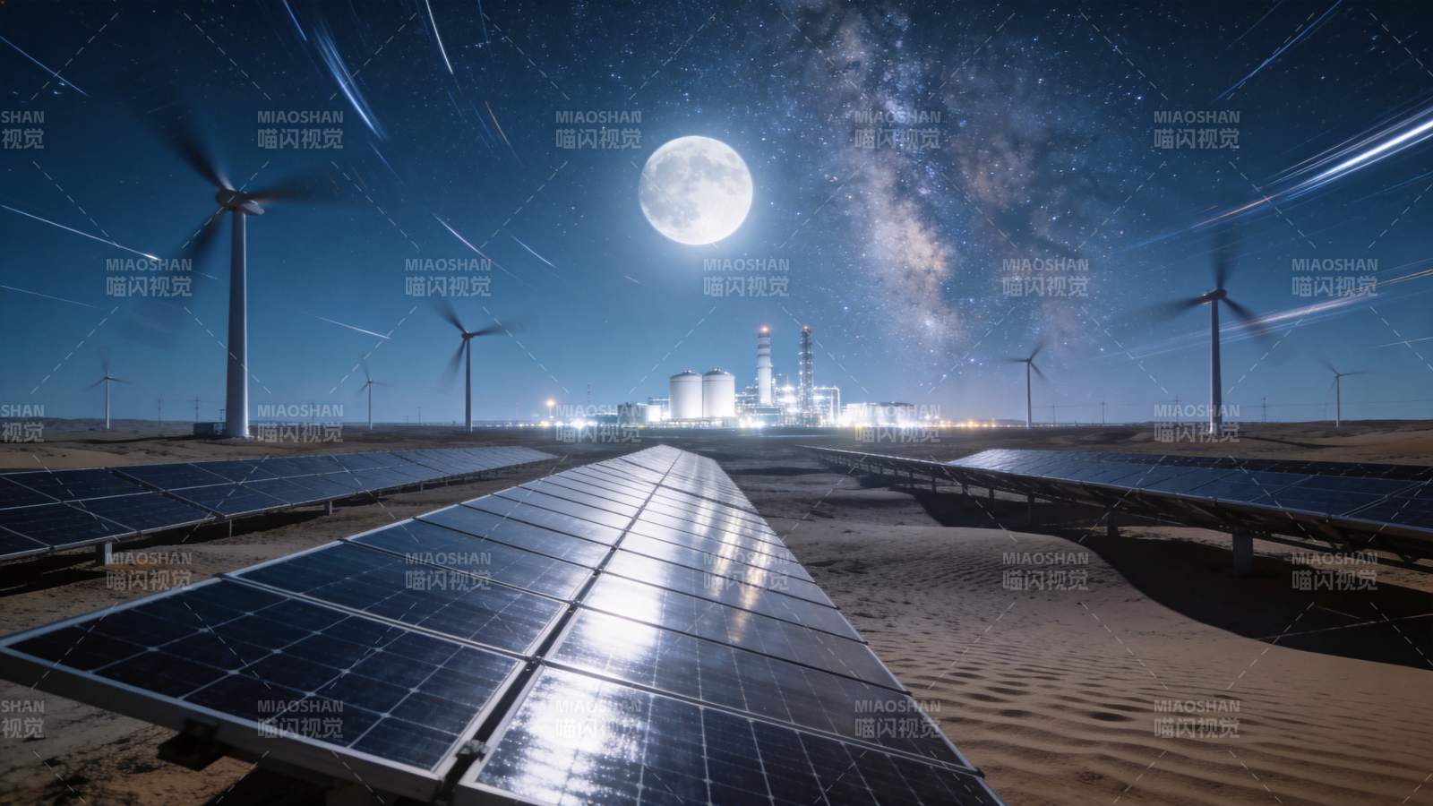 沙漠中太阳能板风力发电机与星空工厂夜景图片
