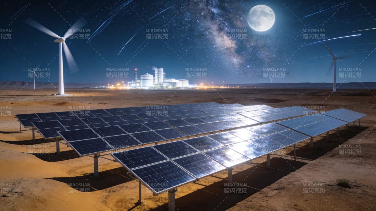 沙漠夜间太阳能板与风力发电机并列运行图片