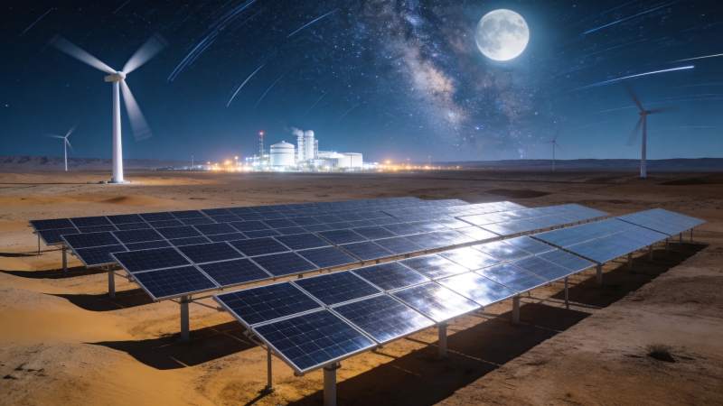 沙漠夜间太阳能板与风力发电机并列运行图片
