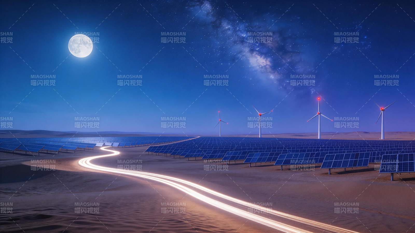 沙漠中太阳能板与风力发电机夜景图片