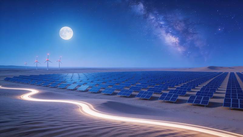 沙漠中太阳能板阵列与风力发电机夜景图片