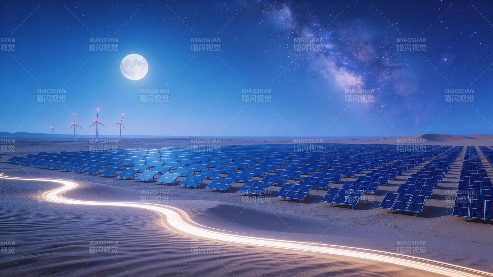 沙漠中太阳能板阵列与风力发电机夜景图片