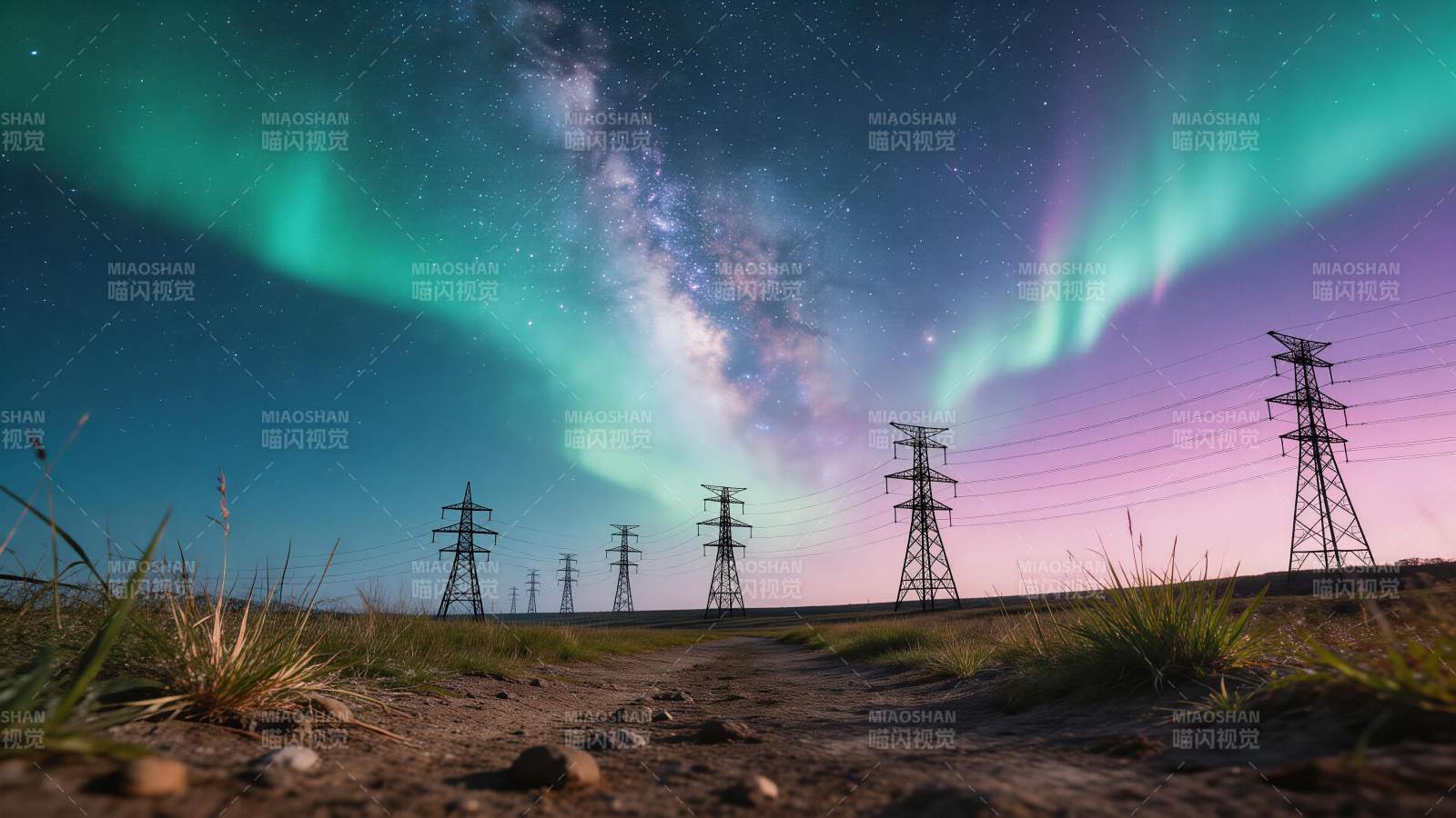 极光下的输电铁塔与银河夜空图片
