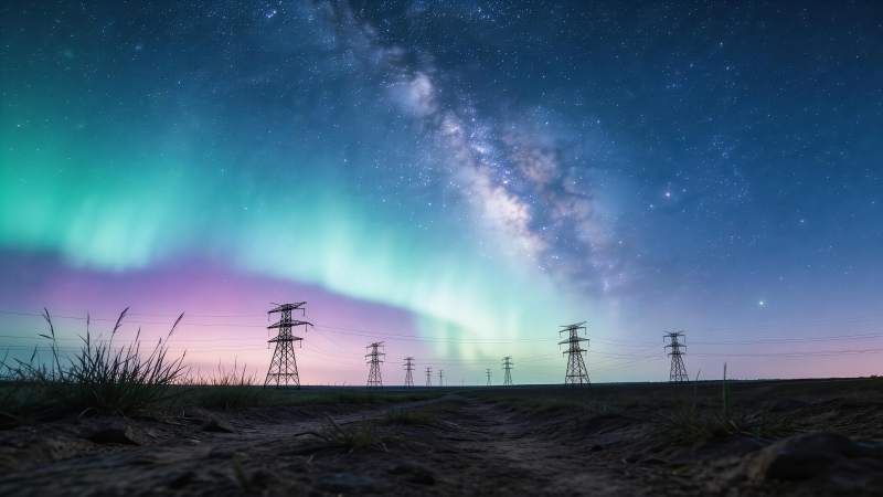 星空极光下输电铁塔剪影夜景图片