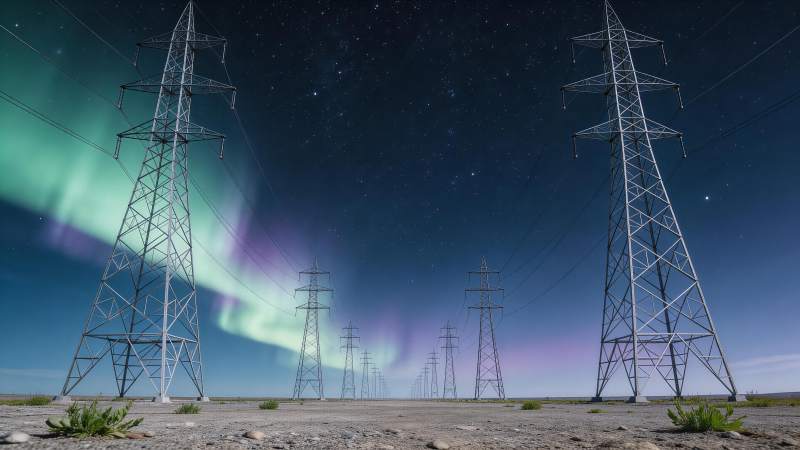 高压电塔下极光与星空交映的夜景图片
