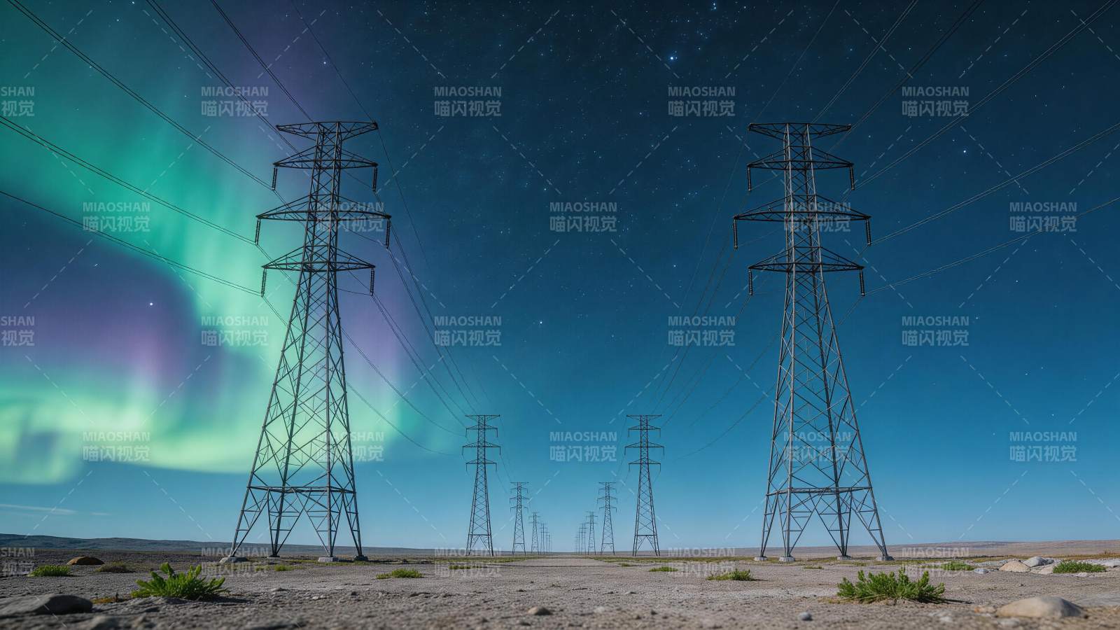 极光下的高压输电塔群夜景图片