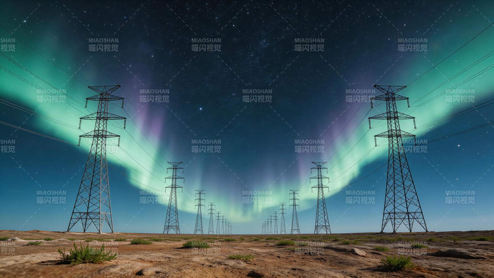 极光下的高压输电塔群与星空夜景图片