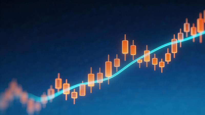 橙色K线图沿蓝色上升曲线排列展示图片