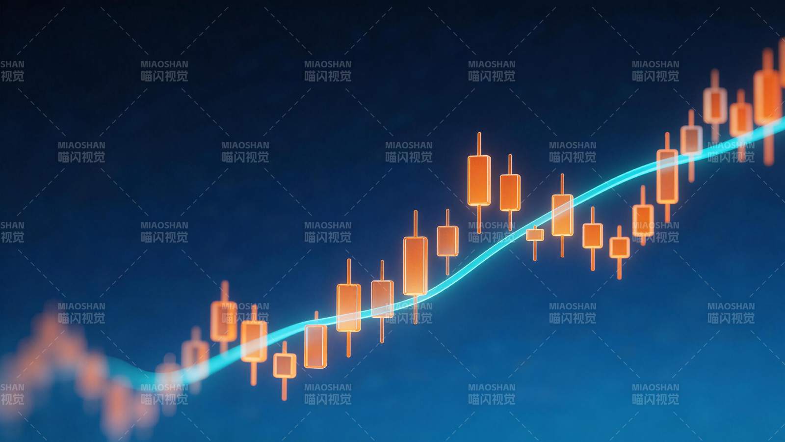 橙色K线图沿蓝色上升曲线排列展示图片