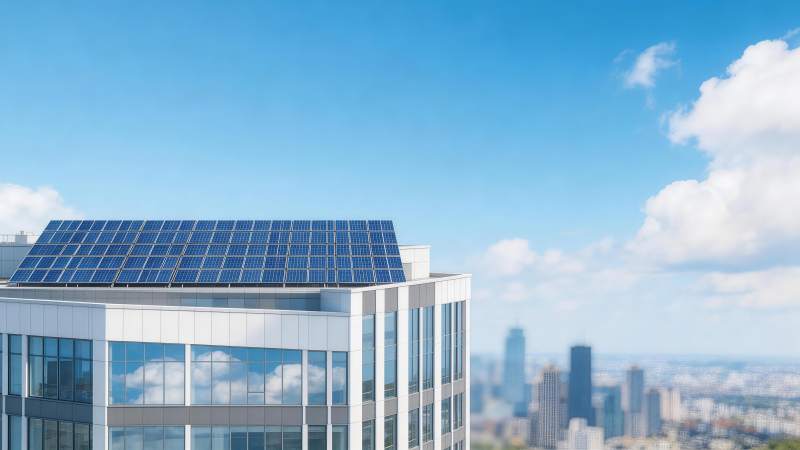 现代建筑屋顶安装蓝色太阳能光伏板图片