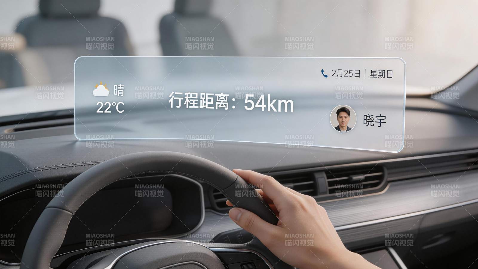 车载透明显示屏呈现行程天气与联系人信息图片