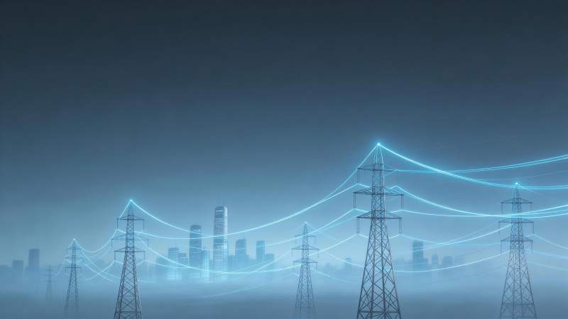 城市夜景中发光输电塔与电网线条交织图片