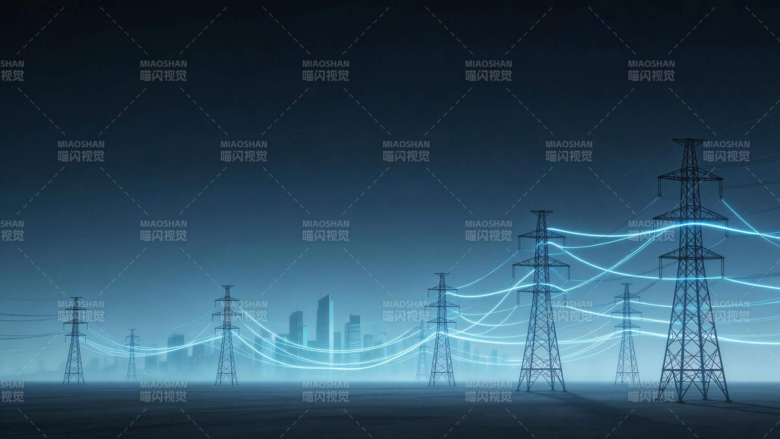 高压输电塔群与蓝色电流光带夜景图片