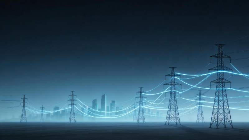 高压输电塔群与蓝色电流光带夜景图片