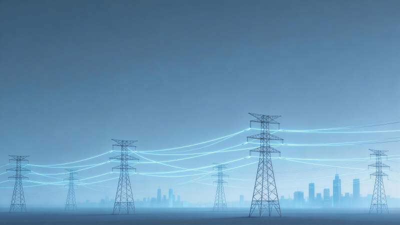 高压输电塔与发光电网连接城市天际线图片