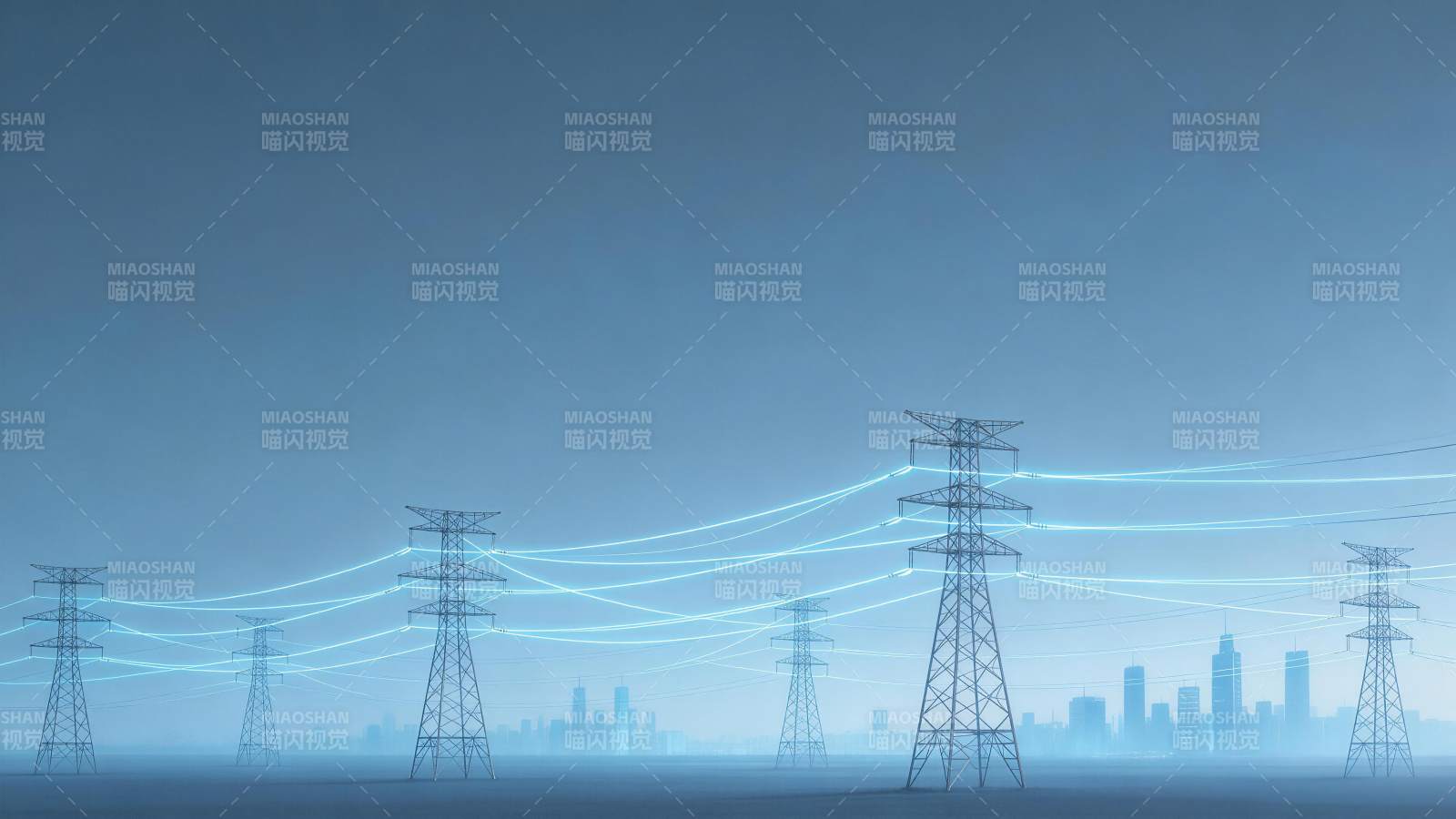高压输电塔与发光电网连接城市天际线图片