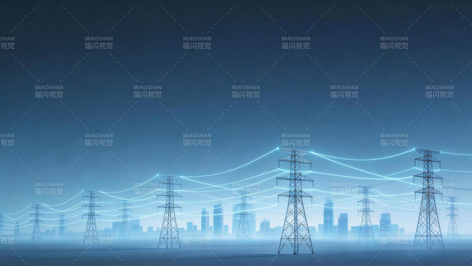 高压输电塔群与发光电网连接城市天际线图片