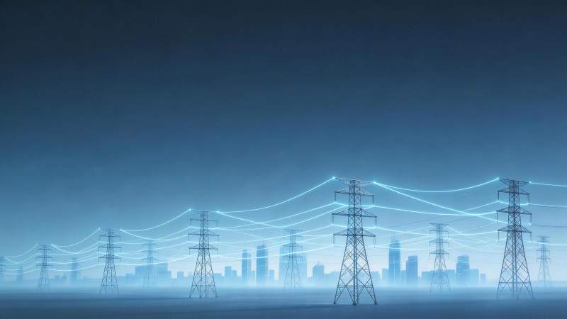 高压输电塔群与发光电网连接城市天际线图片