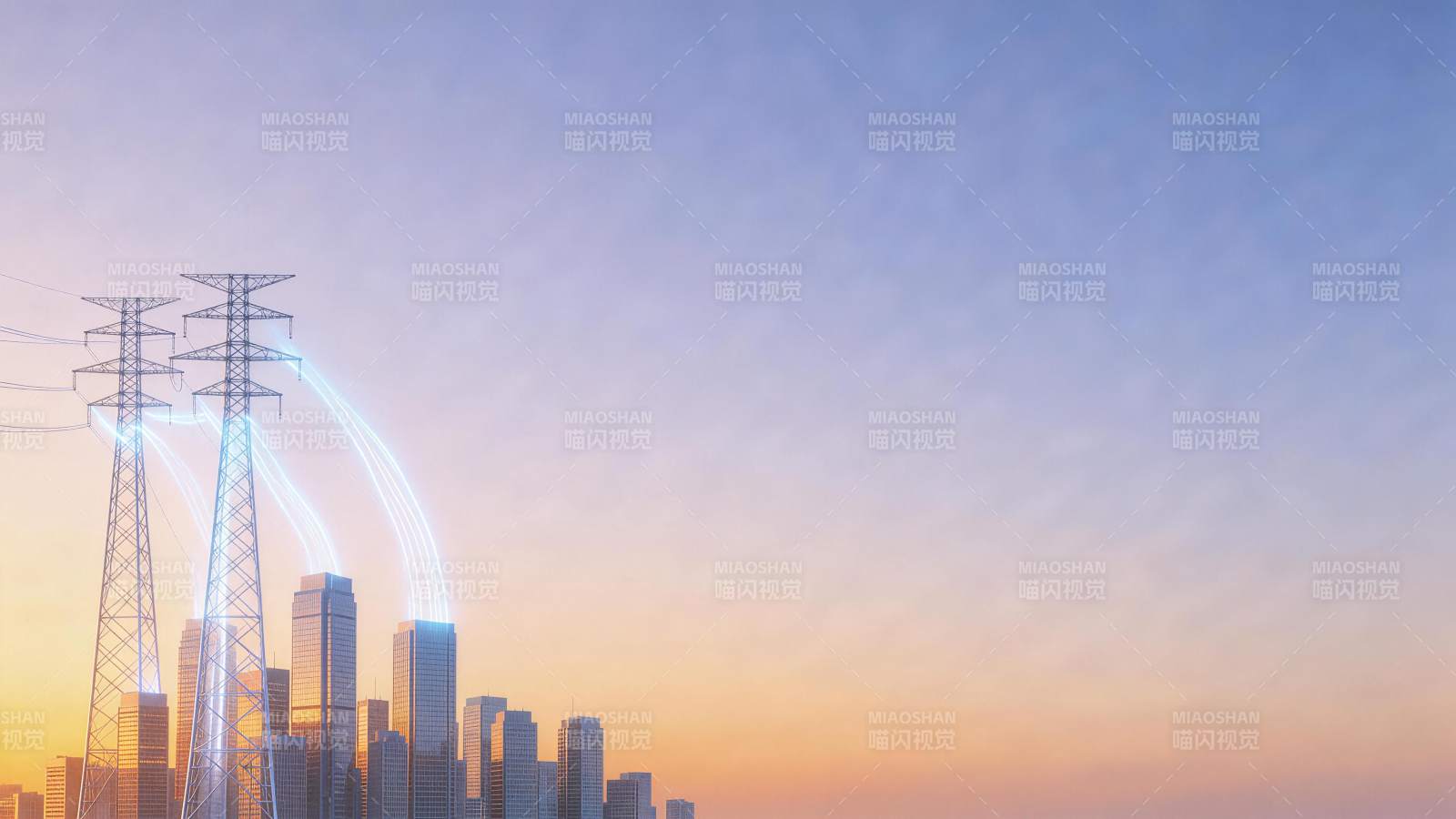 高压电塔向城市输送蓝色电流的黄昏景象图片