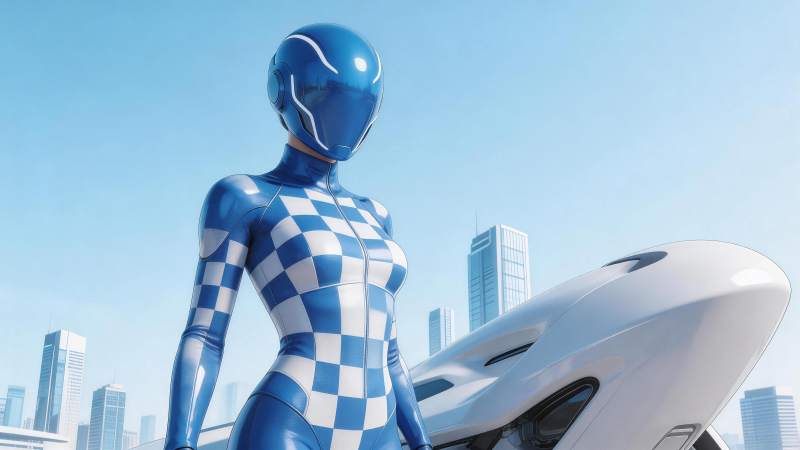 蓝白格纹紧身战衣女性机器人立于未来飞行器图片