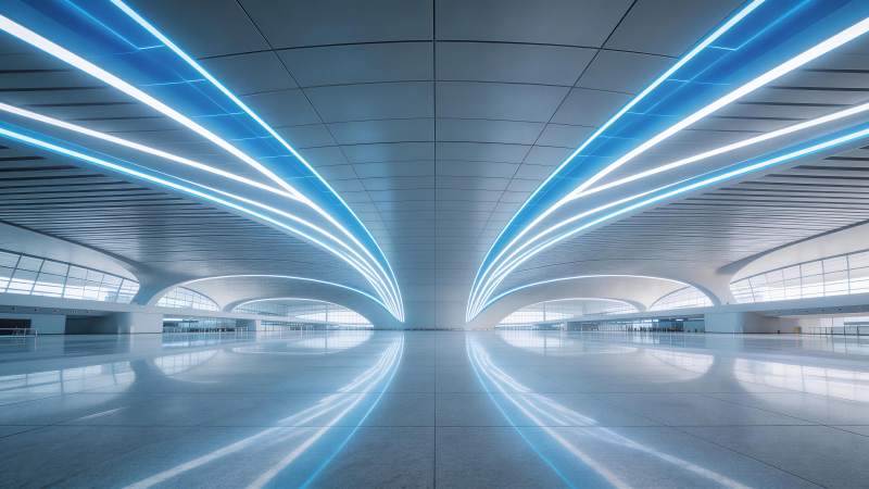 现代机场航站楼内部穹顶与蓝光灯带设计图片