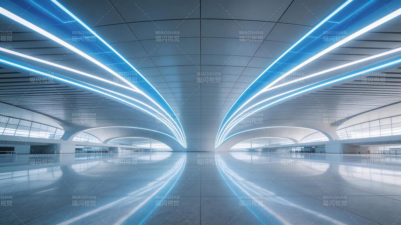 现代机场航站楼内部穹顶与蓝光灯带设计图片