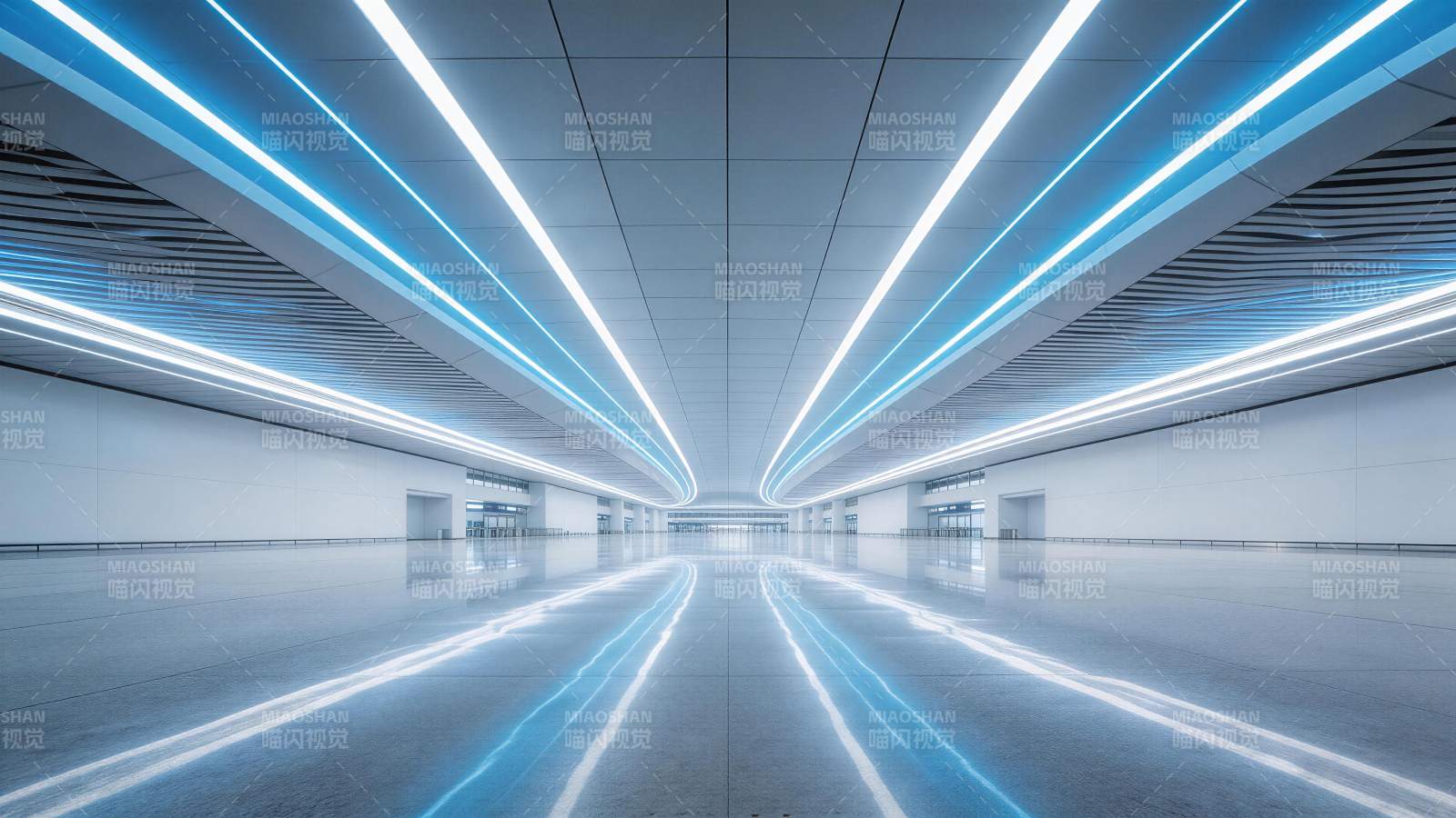 现代室内空间蓝色灯光线条延伸效果图片