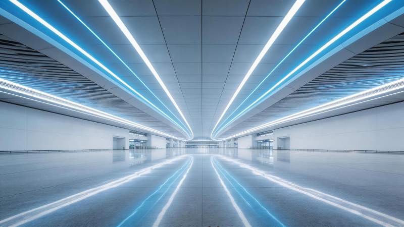 现代室内空间蓝色灯光线条延伸效果图片