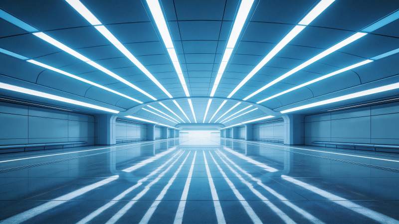 蓝色霓虹灯照亮的未来感科技走廊图片