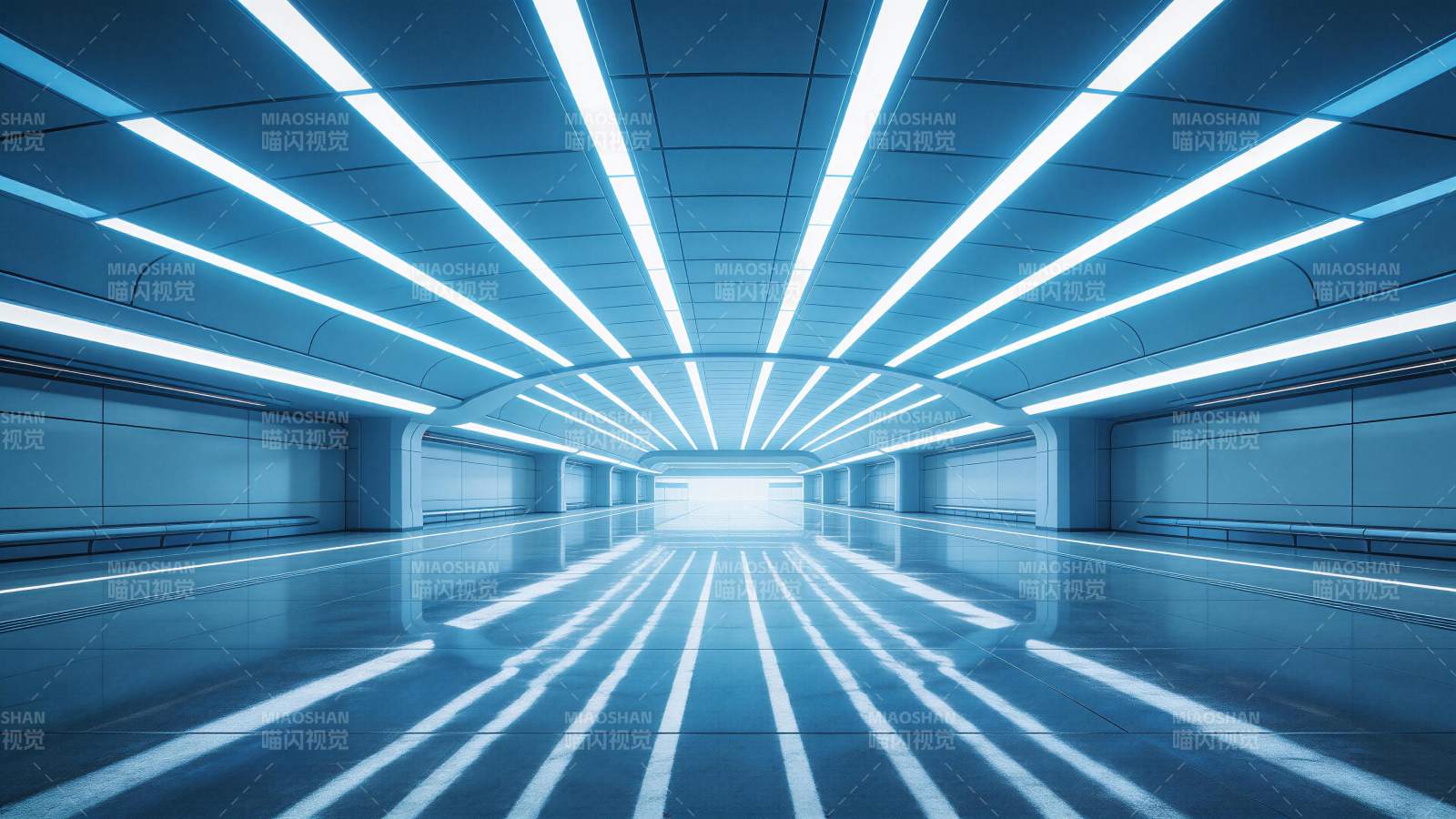 蓝色霓虹灯照亮的未来感科技走廊图片