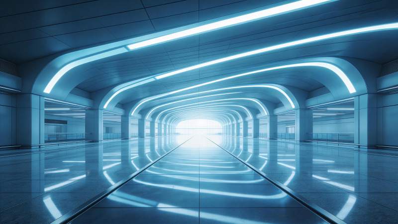 蓝色霓虹灯光照亮的现代拱形通道图片