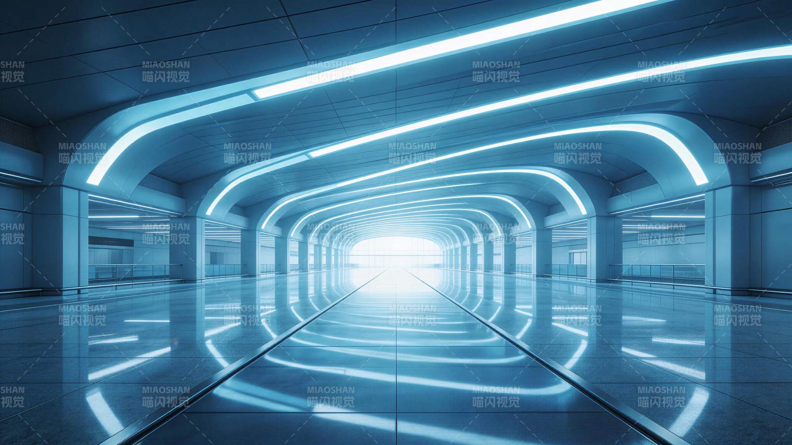 蓝色霓虹灯光照亮的现代拱形通道图片