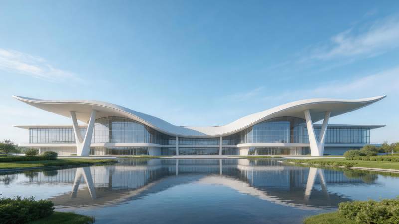 现代流线型建筑临水而建倒影清晰图片