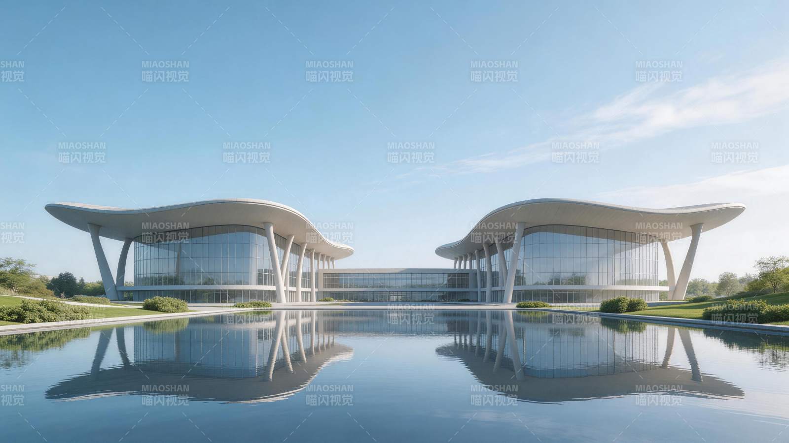 现代流线型建筑群与水面倒影景观图片